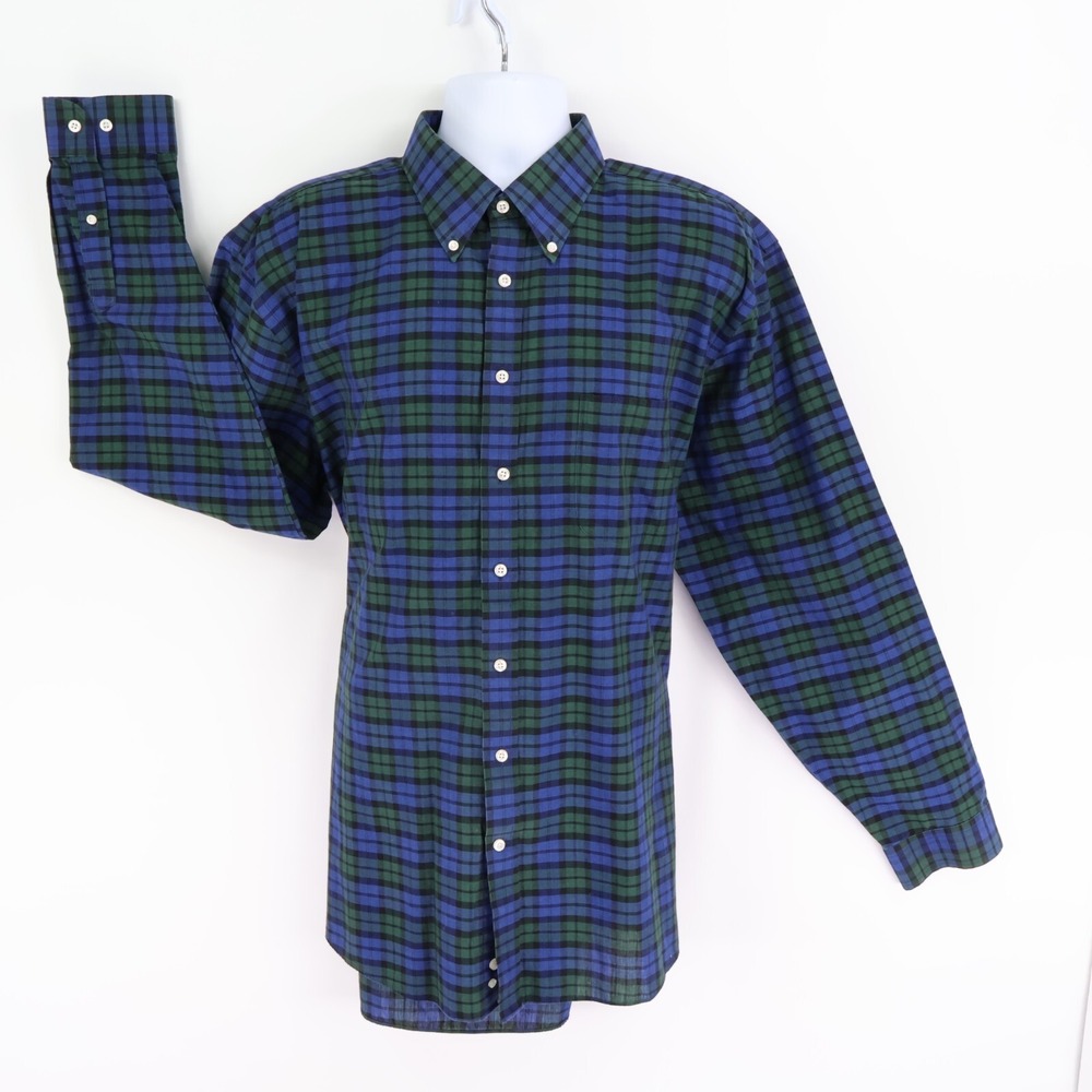 Stafford Button Down Shirt Mens 18 Blue‎ Green Plaid Travel Easy Care Broadcloth